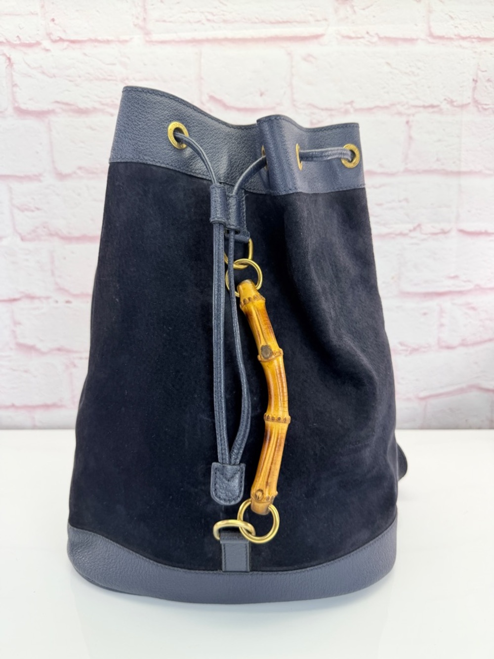 Gucci Navy Suede Bamboo Vintage Drawstring Backpack - Picture 2 of 15